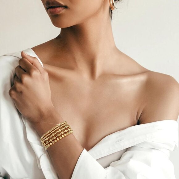 Gold Bracelets for Women Waterproof, 14K Gold Plated Beaded Strand Bead Ball Bra - Picture 4 of 5